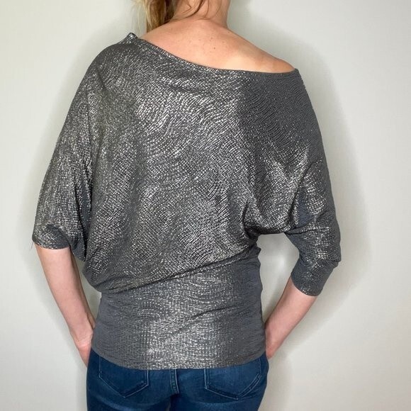Loila Asymmetrical Sexy Glittery Blouse Top Shirt Gunmetal Gray S SM Small Light - Picture 2 of 11
